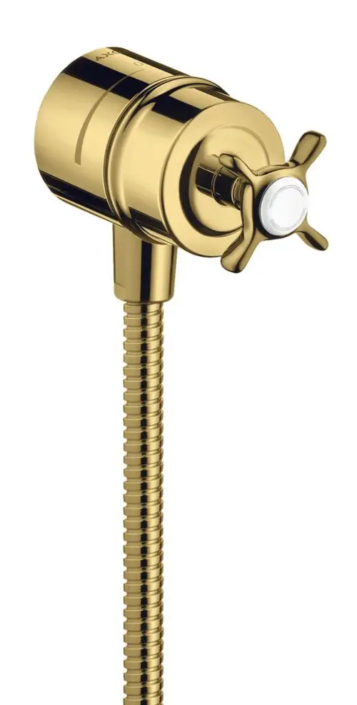 Wandanschluss mit Rückflussverhinderer von AXOR, ausgestattet mit einem Absperrventil und einem Kreuzgriff in polierter Goldoptik.